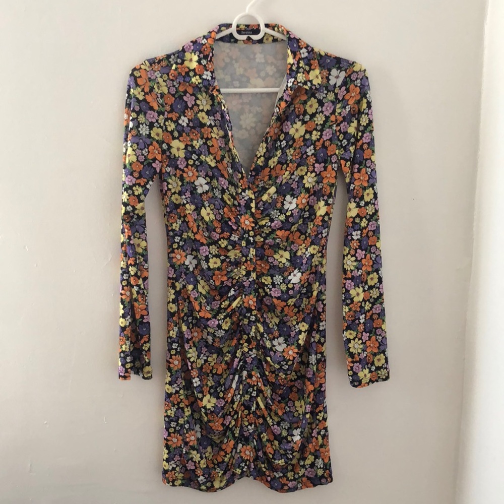 Floral printed shirred mini dress